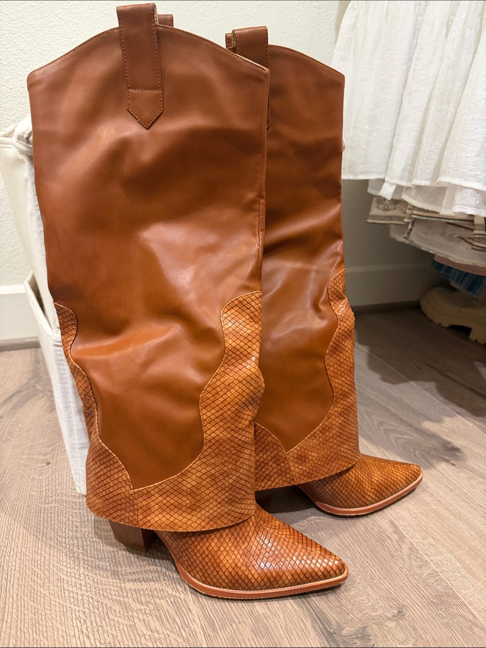 Fashion Nova Tan Over-the-Knee Western Boots - Picture 2 of 3
